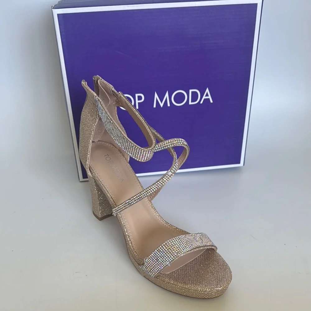 Top Moda Women's Gold Strappy rhinestone Heels 8.5 - Picture 2 of 6